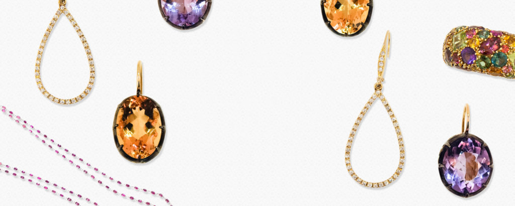 Laura Munder oval citrine earrings oval amethyst earrings diamond drop earrings kaleidoscope ring pink tourmaline chain necklace