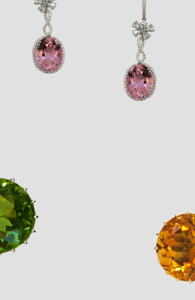 Laura Munder oval faceted pink tourmaline drop earrings fancy shape rose cut diamonds partial peridot on wire earring and partial citrine on wire earring