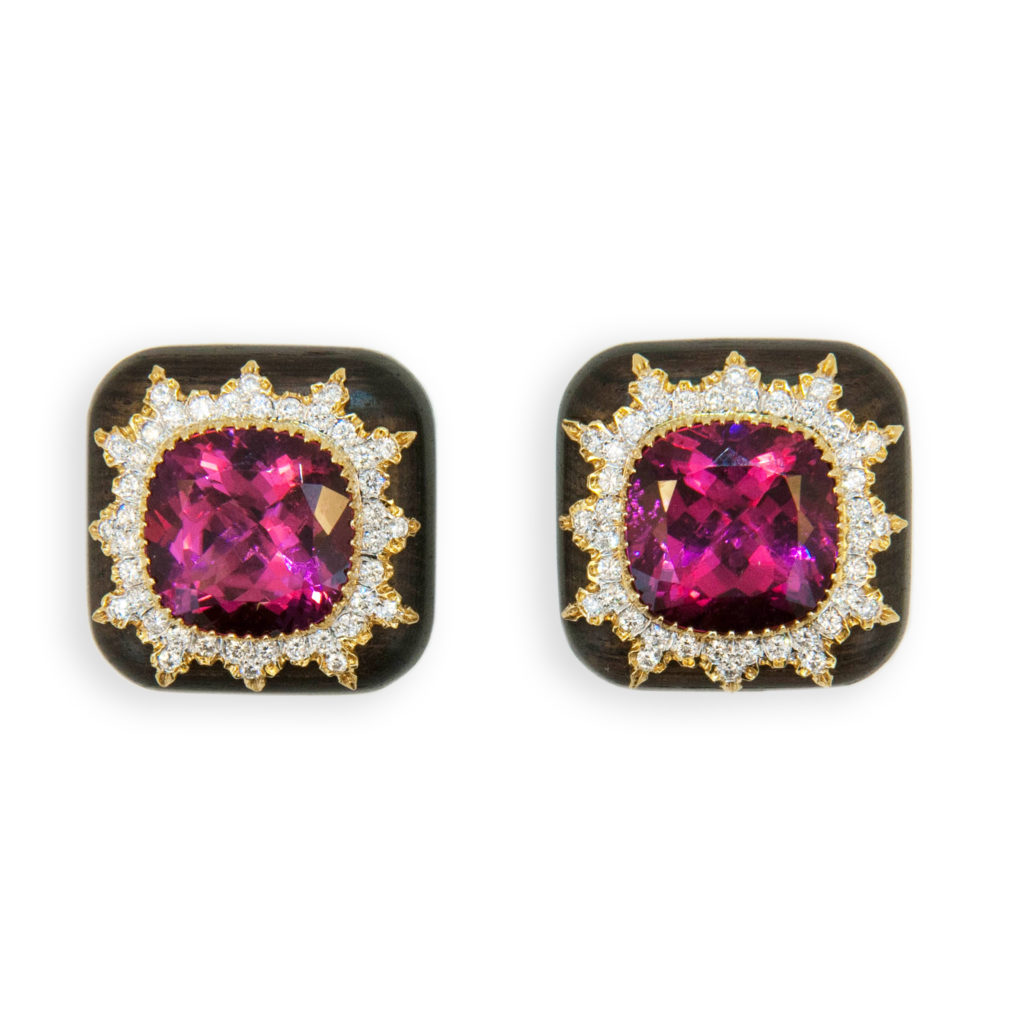 Exceptional Rubellite Tourmalines hand selected by Laura Munder. 18k yellow and white gold earrings. Rounded squares of Grenadill wood each set with one faceted cushion cut beautifully matched Rubelite Tourmaline 11.80cts. and 10.81cts. each surrounded by (40) round diamonds in a sunburst design (80) total 1.21cts.twt. Finely detailed workmanship. Omega clip backs. Posts could be added.