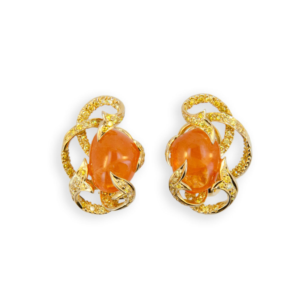 18 karat yellow gold earrings (2) freeform tumble polished Mandarin Garnets 29.52 carats. 141 round yellow diamonds 1.89 carats total weight.