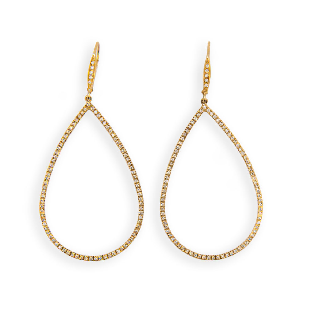 18 karat yellow gold earrings pear shaped drop and ear wire set with 176 full-cut diamonds .83 carats total weight. Leverbacks.