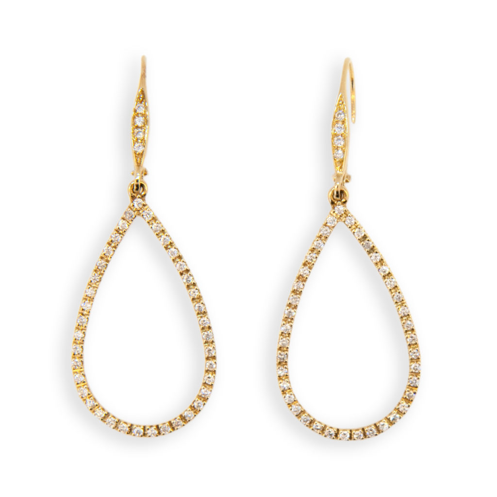 18 karat yellow gold small tear drop earring set with 86 1.0 mm diamonds .44 carats total weight. Lever backs.