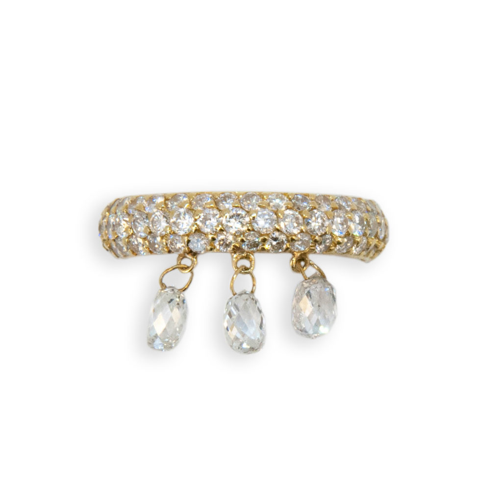 18 karat yellow gold Eternity band style ring pave' set with 1.80 carat round diamonds and dangling from band are three briolette diamonds totaling 1.02 carats. Ring is a size 6.5